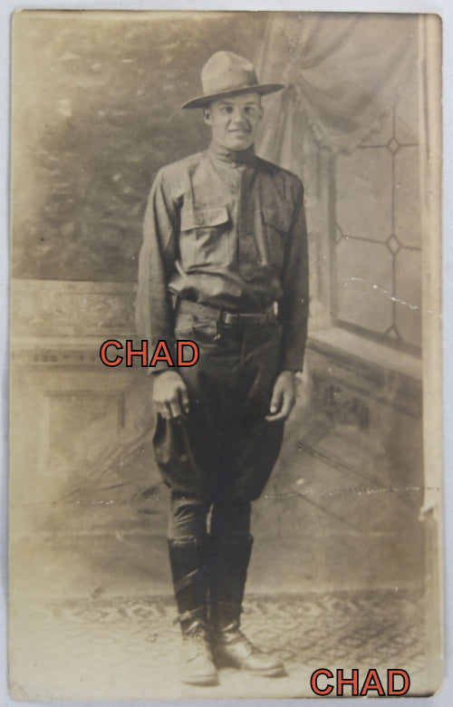 RPPC photo postcard of American artillery soldier WW1 period