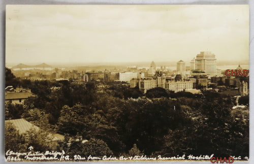 RPPC photo postcard view Montreal from Cedar Ave. Childrens Hosp.