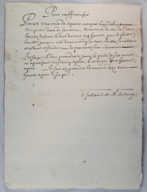 Recette pour medicament ‘Pour raffraischir’ France @fin 17eme