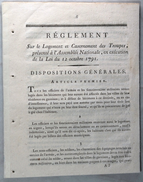 Reglement sur le Logement et Casernement des Troupes 1791