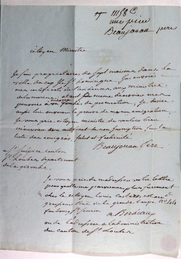Révolution Bordeaux certificat non-emigration (St Domingue) Beaujouan 