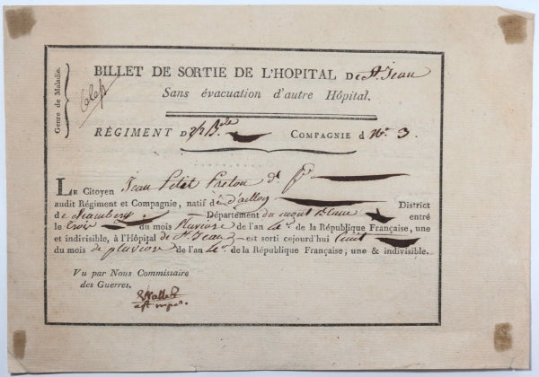 Révolution France 1795 billet sortie soldat Hôpital St Jean
