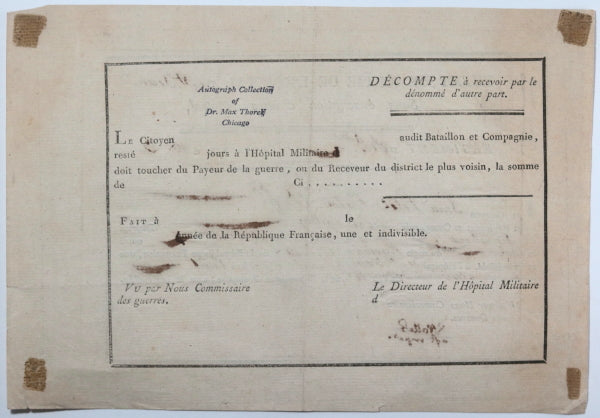 Révolution France 1795 billet sortie soldat Hôpital St Jean