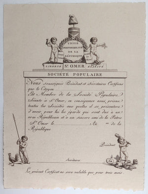Révolution St. Omer certificat pour membre Société Populaire @1793-95