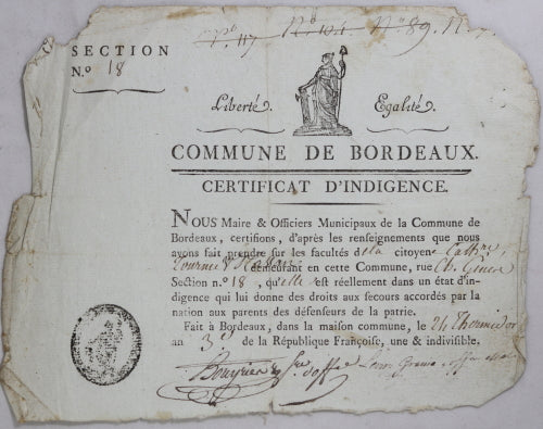 Révolution 1795 certificat d‘indigence pour citoyenne de Bordeaux Révolution 1795 certificat d‘indigence pour citoyenne de Bordeaux