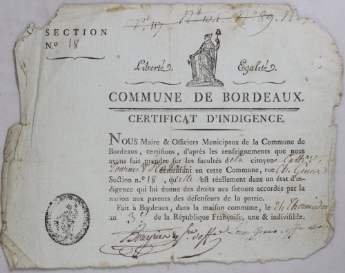 Révolution 1795 certificat d‘indigence pour citoyenne de Bordeaux