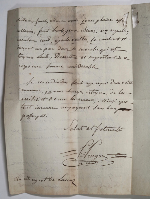 Révolution Ain France, signalement de 3 individus recherchés (c. 1794)