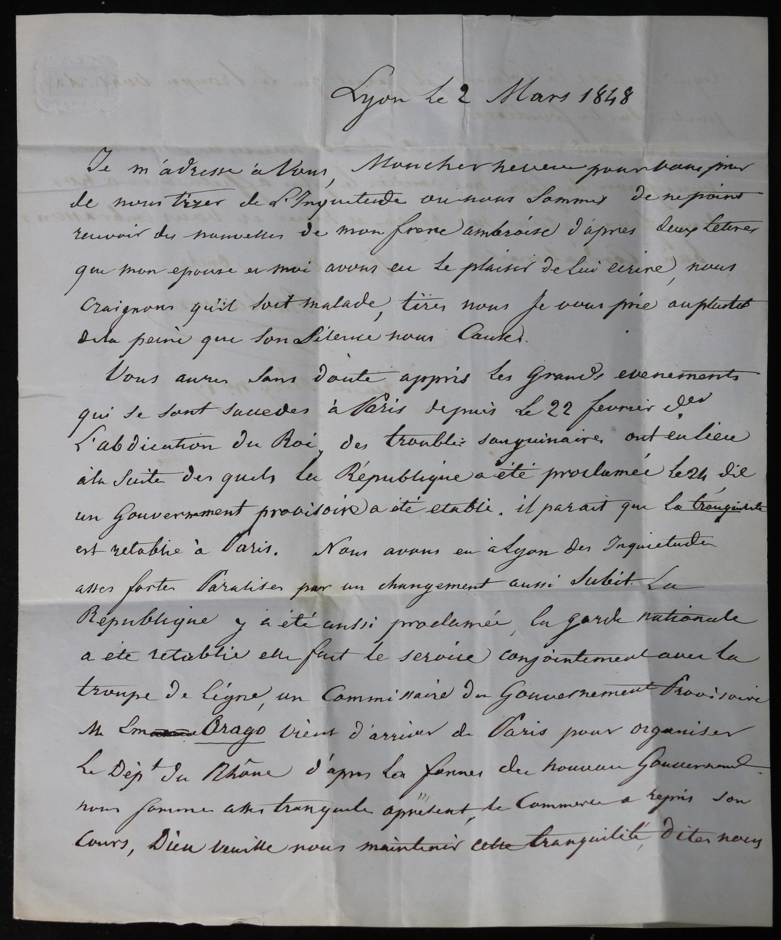 Révolution de1848, lettre sur événements à Lyon