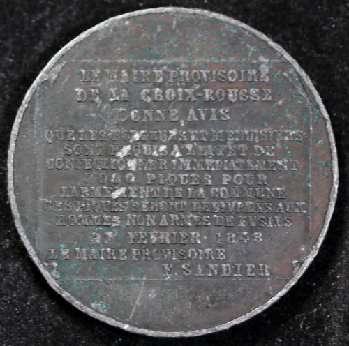 Révolution de 1848 (Canuts),  médaille armement commune à Lyon