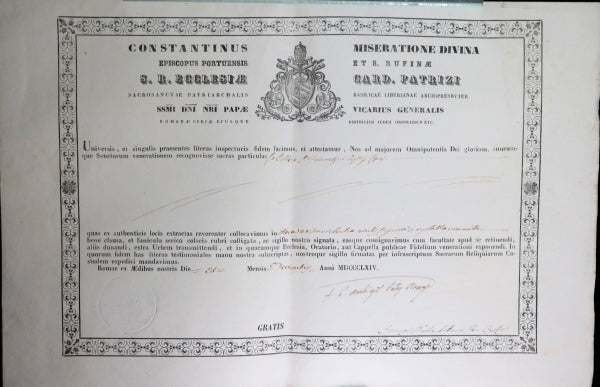 Rome 1864 Catholic certificate, authenticity holy relic : St. Francis of Assisi