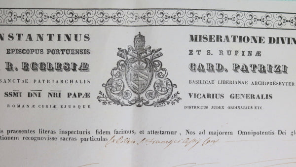 Rome 1864 Catholic certificate, authenticity holy relic : St. Francis of Assisi