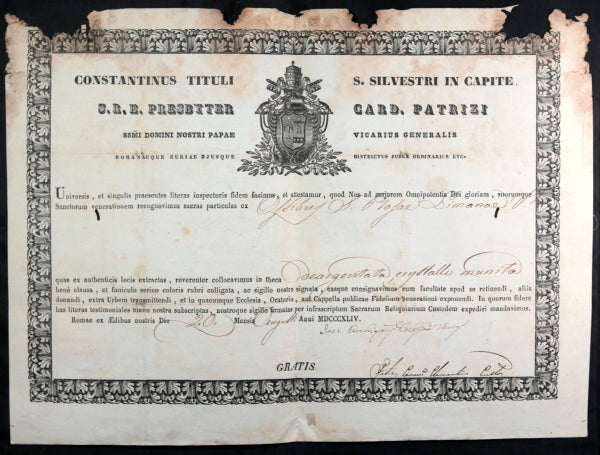 Rome 1864 Catholic certificate authenticity holy relic St Rose of Lima
