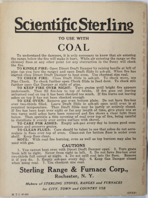 Scientific Sterling Range & Furnace CO. - Instruction card