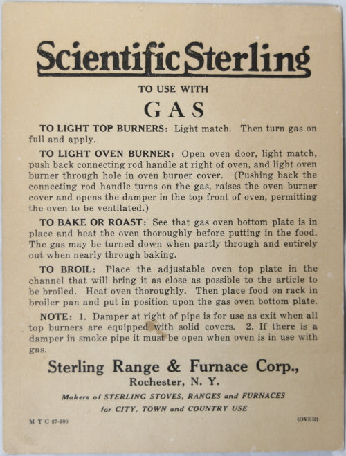 Scientific Sterling Range & Furnace CO. - Instruction card