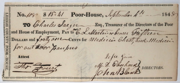 Sep. 4th 1848 Allentown PA Lehigh County Poor-House medicine chest