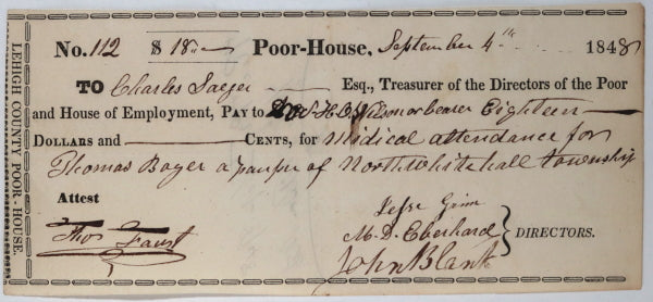 Sep 4th 1848 Allentown PA Lehigh County Poor-House, medical attendance