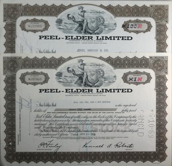 Set of 2 stock certificates Peel-Elder Limited 1968-69