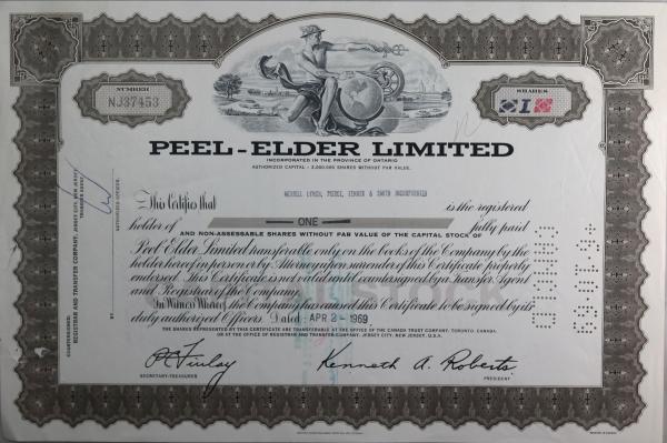 Set of 2 stock certificates Peel-Elder Limited 1968-69