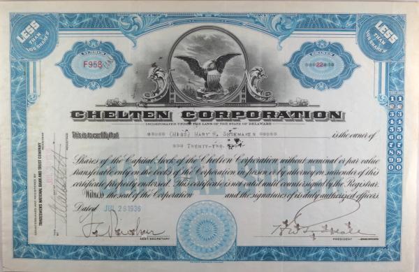 Set of 2 stock certificates of Chelten Corporation (1936)