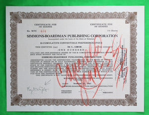 Set of 2 stock certificates of Simmons-Boardman Publishing Corporation (1936/40)