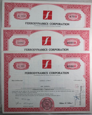 Set of 3 stock certificates for Ferrodynamics Corporation (1964-65)