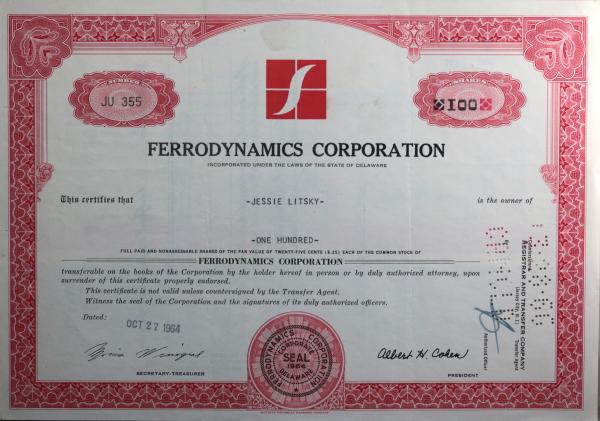 Set of 3 stock certificates for Ferrodynamics Corporation (1964-65)