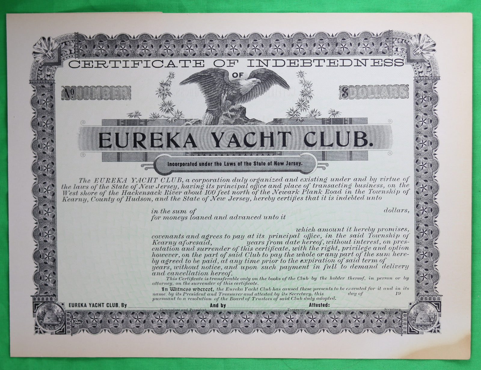 Set of 3 unused certificates of indebtedness for Eureka Yacht Club N.J. (early 1900s)