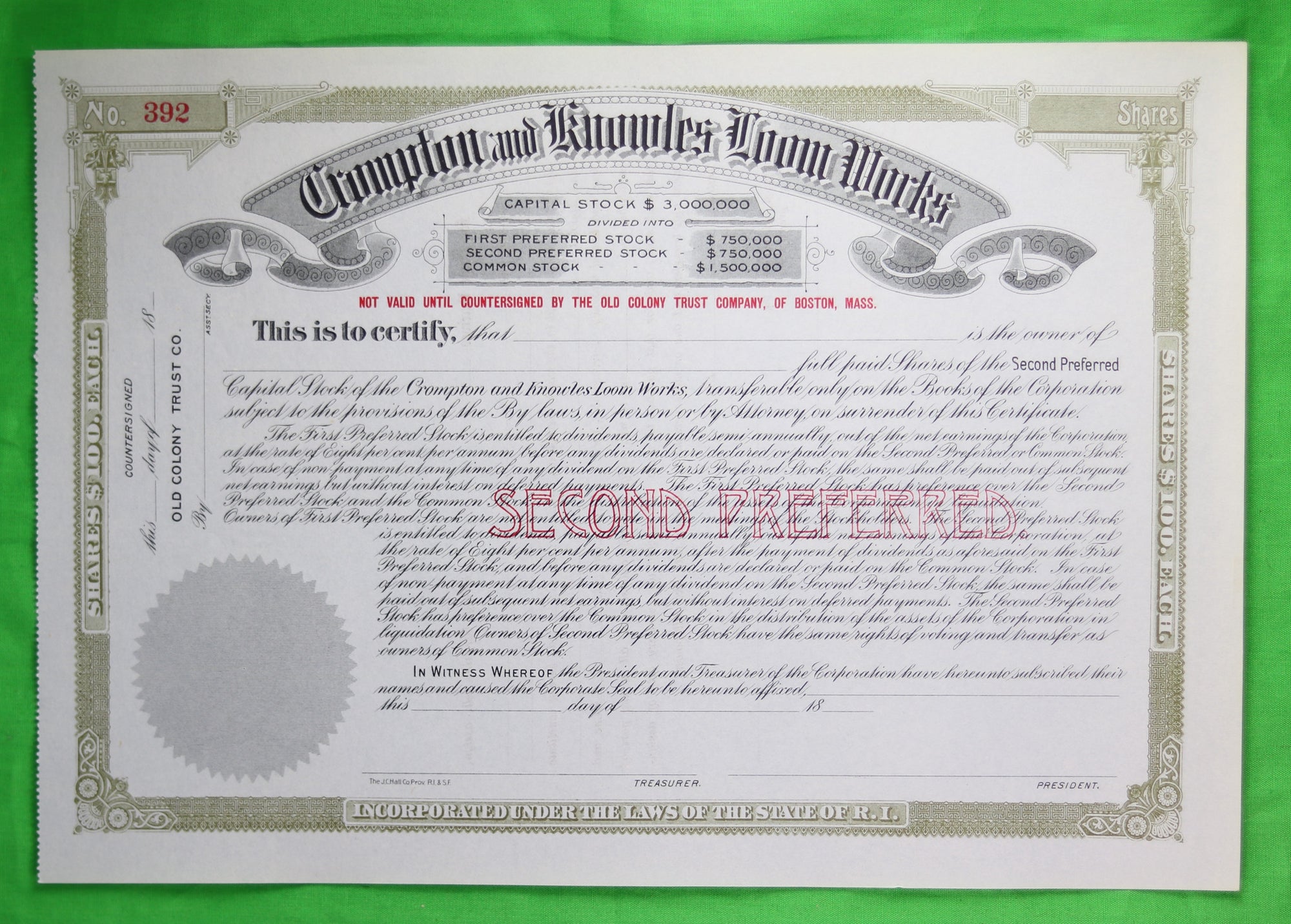 Set of 3 unused preferred stock certificates Crompton and Knowles Loom Works (1897?)