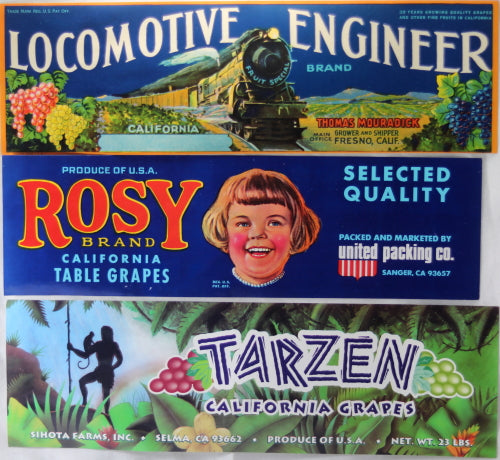 Set of 5 Grape fruit crate labels from California