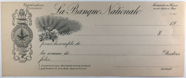 Set of 5 unused vintage cheques (Quebec, UK), early 1900s