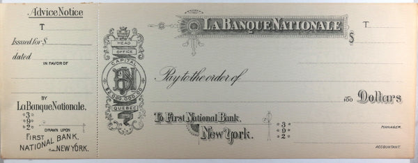 Set of 5 unused vintage cheques (Quebec, UK), early 1900s Set of 5 unused vintage cheques (Quebec, UK), early 1900s