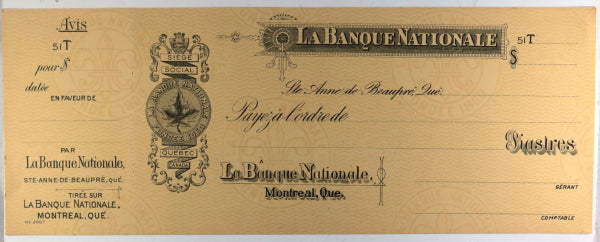 Set of 5 unused vintage cheques (Quebec, UK), early 1900s