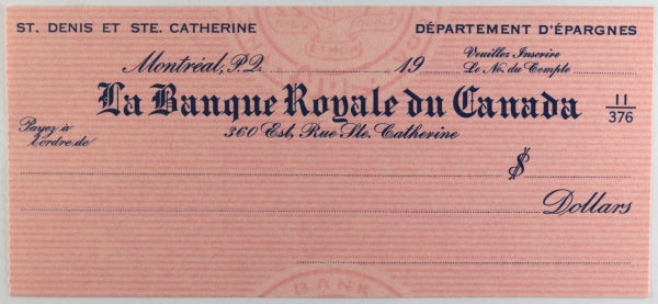 Set of 5 unused vintage cheques (Quebec, UK), early 1900s Set of 5 unused vintage cheques (Quebec, UK), early 1900s