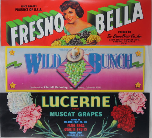 Set of 6 Grape fruit crate labels from California