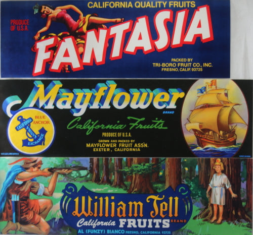 Set of 6 fruit crate labels from USA
