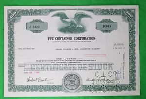 Set of 7 stock certificates of PVC Container Corp (1969-74)