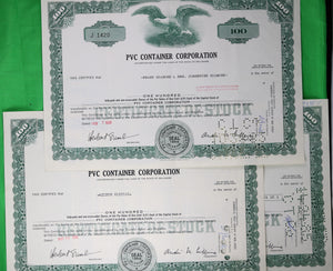 Set of 7 stock certificates of PVC Container Corp (1969-74)