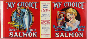Set of two vintage Canadian B.C. salmon can labels 1930s-40s