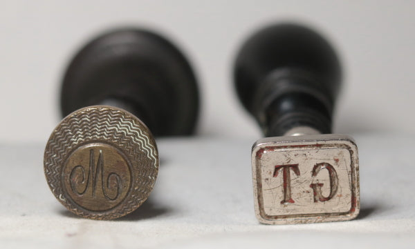 Set of two wax seal stamps with wooden handles c. 19th-20th
