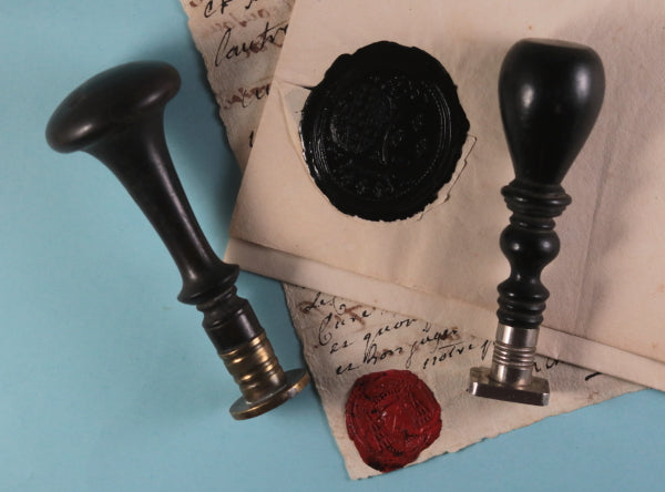 Set of two wax seal stamps with wooden handles c. 19th/20th