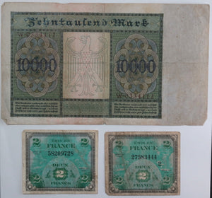 Set of 3 currency bills: Germany 1922, France 1944