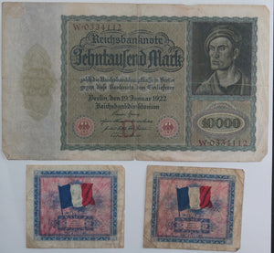 Set of 3 currency bills: Germany 1922, France 1944