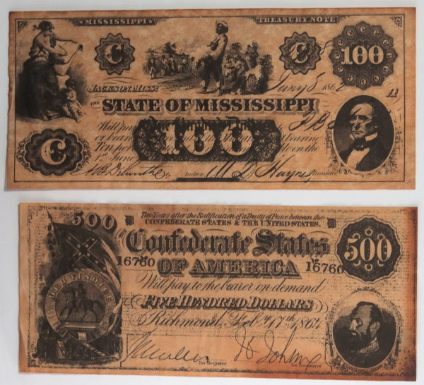 Set of five (5) Civil War currency notes FORGERIES/COPIES (1940s+)