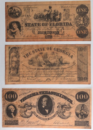 Set of five (5) Civil War currency notes FORGERIES/COPIES (1940s+)