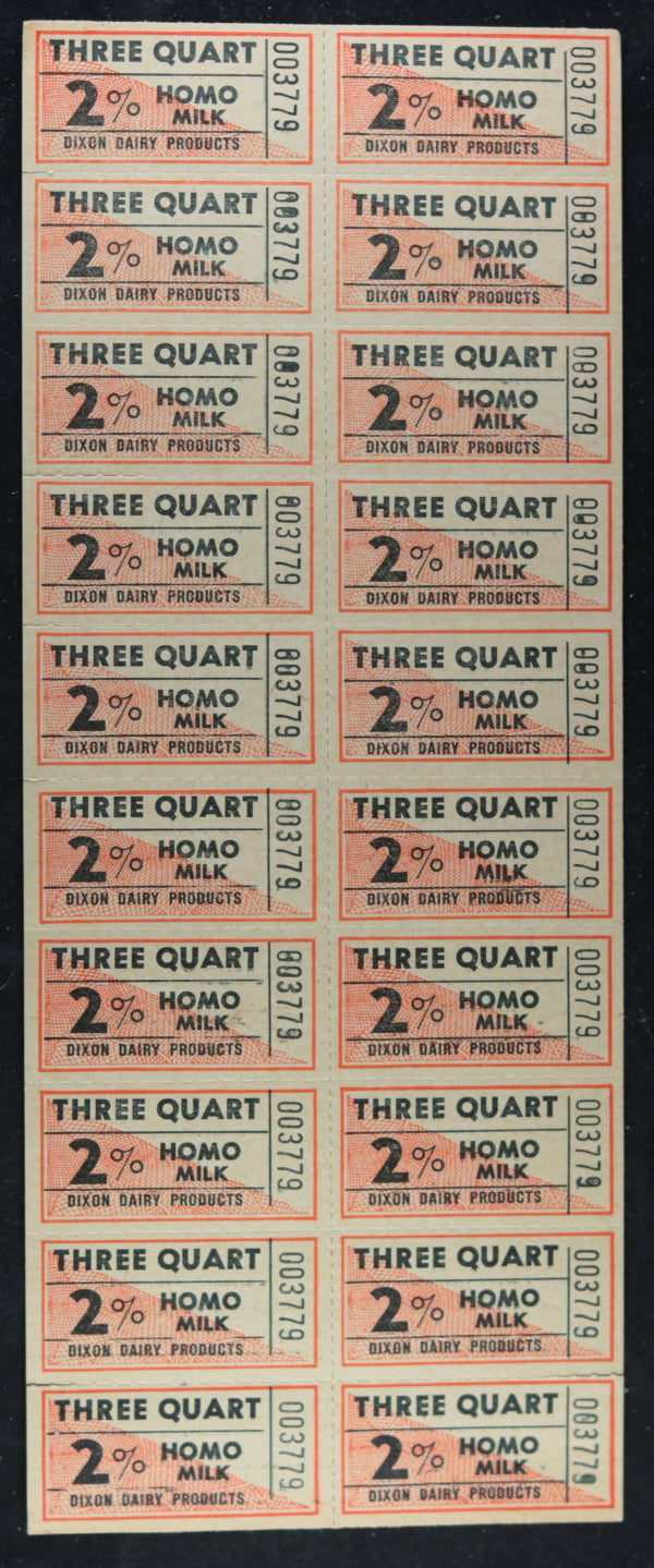 Sheet of 20 milk coupons, Dixon Dairy Galt Ontario c. 1940s 