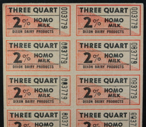 Sheet of 20 milk coupons, Dixon Dairy Galt Ontario c. 1940s 
