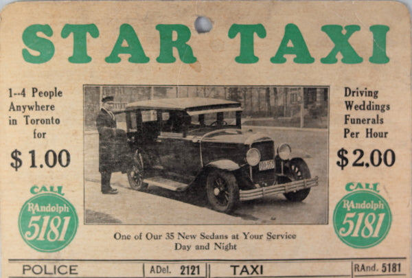 Star Taxi advertising wall card,  Toronto Canada 1920s