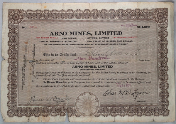Stock Certificate Arno Mines Limited Canada - early 1900s Stock Certificate Arno Mines Limited Canada - early 1900s