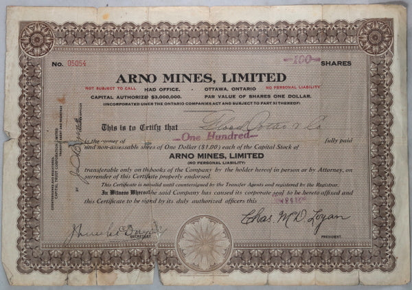 Stock Certificate Arno Mines Limited Canada - early 1900s