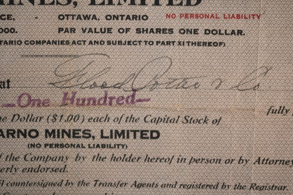 Stock Certificate Arno Mines Limited Canada - early 1900s Stock Certificate Arno Mines Limited Canada - early 1900s